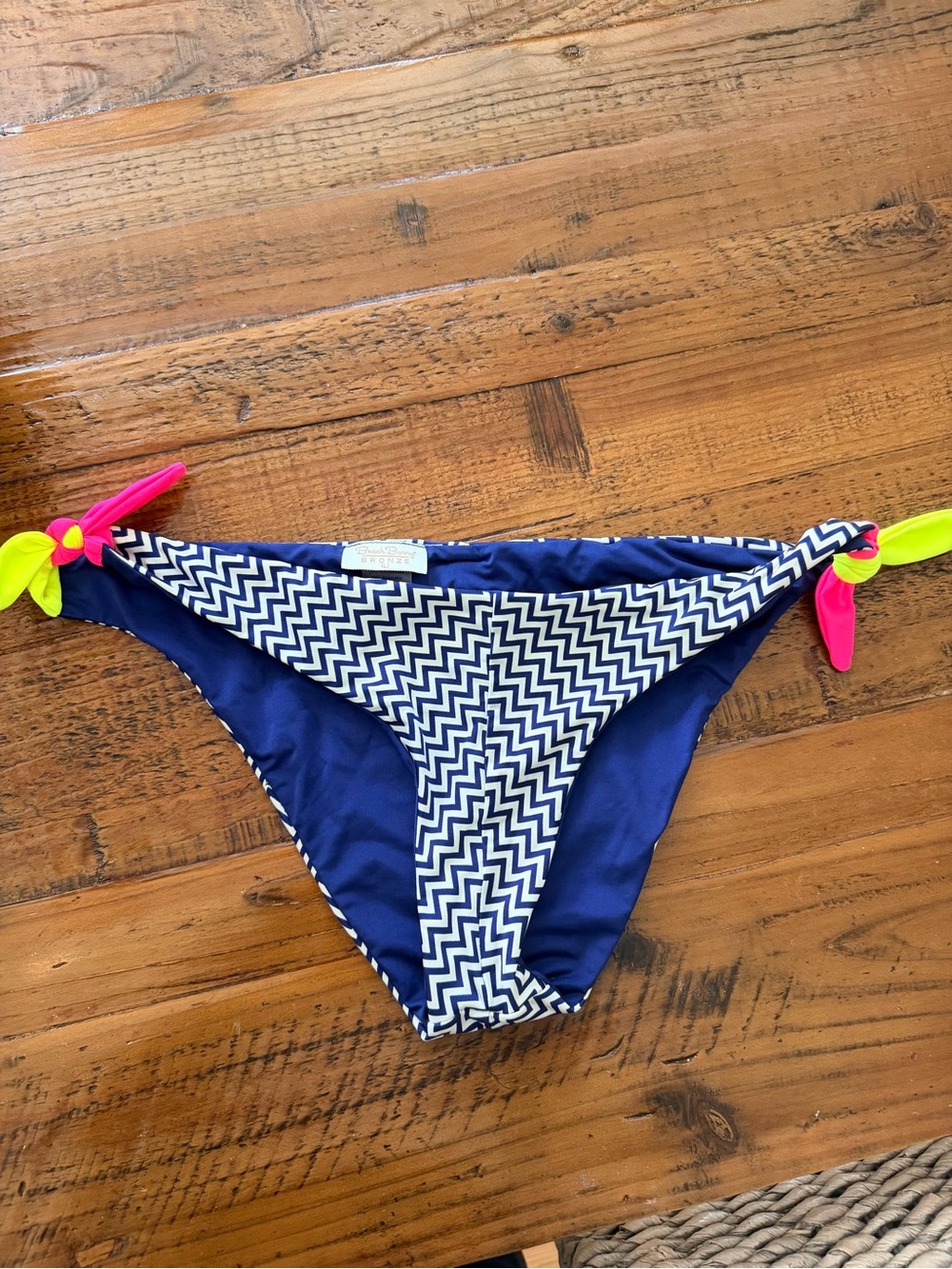 Beach Bunny Navy Chevron Bikini Bottoms with Pink and Neon Yellow Ties